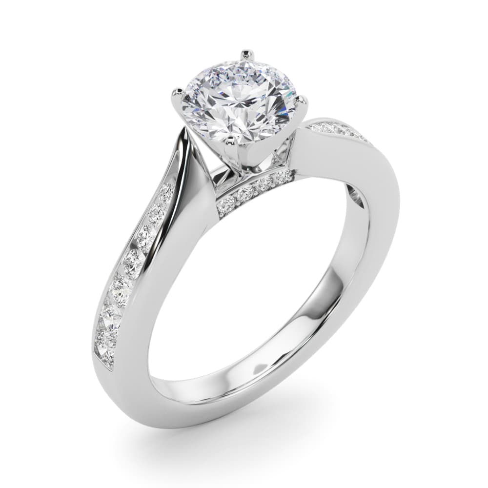 Single Row Channel Set Engagement Ring, style 50933, Angle view in white gold or platinum