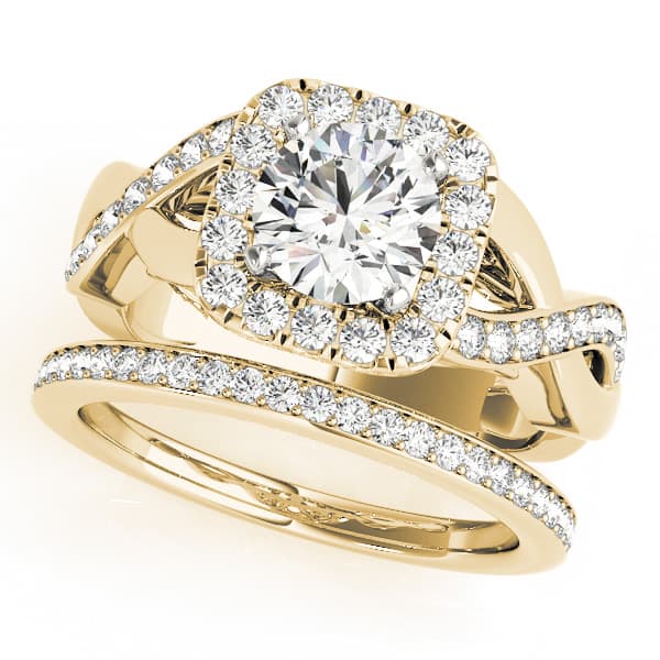 Twisted Shank Halo Engagement Ring, style 50935, On hand view in yellow gold