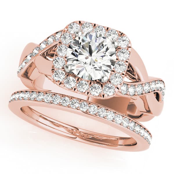 Twisted Shank Halo Engagement Ring, style 50935, On hand view in rose gold