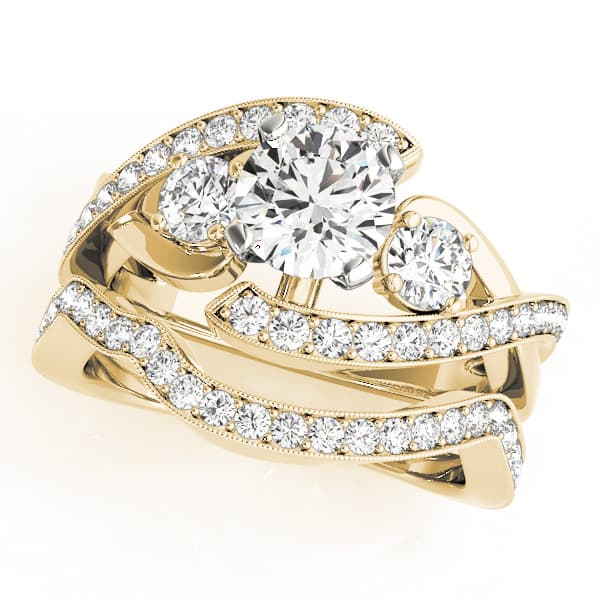3-Stone Bypass Twisted Prong Engagement Ring, style 50942, On hand view in yellow gold