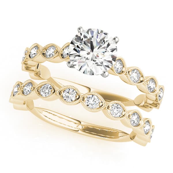Vintage-Inspired Milgrain Engagement Ring, style 50948, On hand view in yellow gold