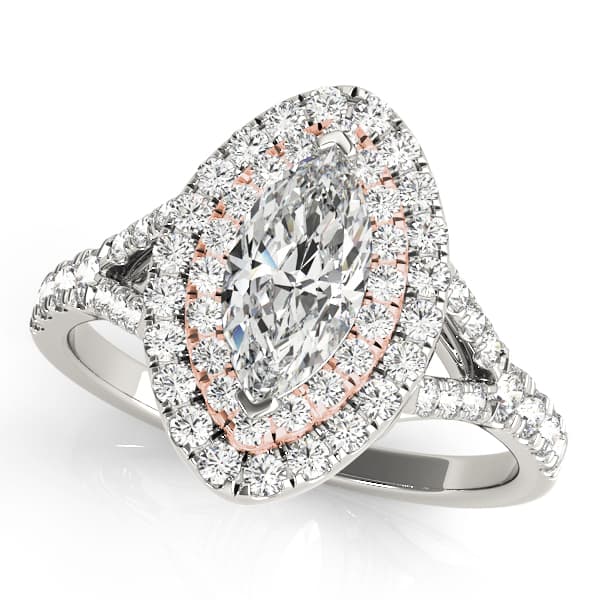 Double Halo Marquise Split Shank Engagement Ring, style 50949, Front view in rose gold
