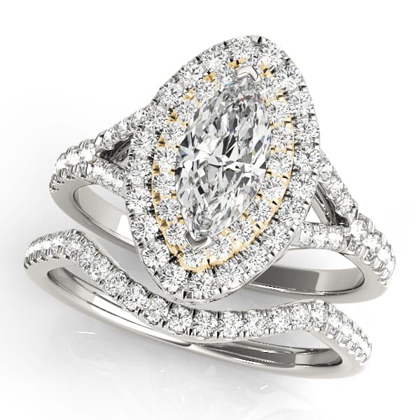 Double Halo Marquise Split Shank Engagement Ring, style 50949, On hand view in yellow gold
