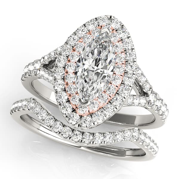 Double Halo Marquise Split Shank Engagement Ring, style 50949, On hand view in rose gold