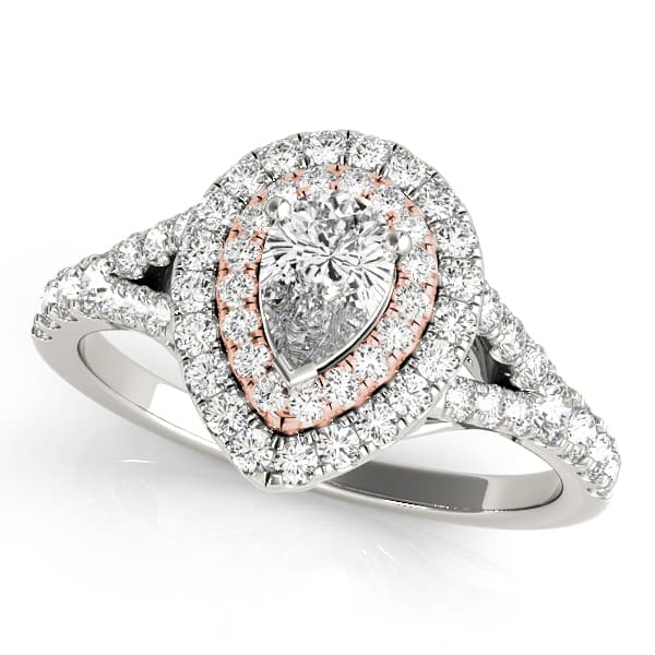 Pear Double Halo Split Shank Engagement Ring, style 50950, Front view in rose gold
