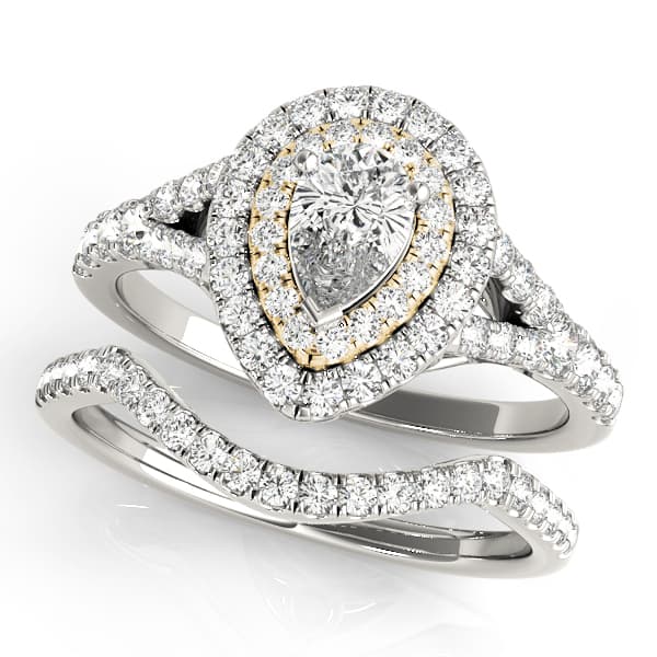 Pear Double Halo Split Shank Engagement Ring, style 50950, On hand view in yellow gold
