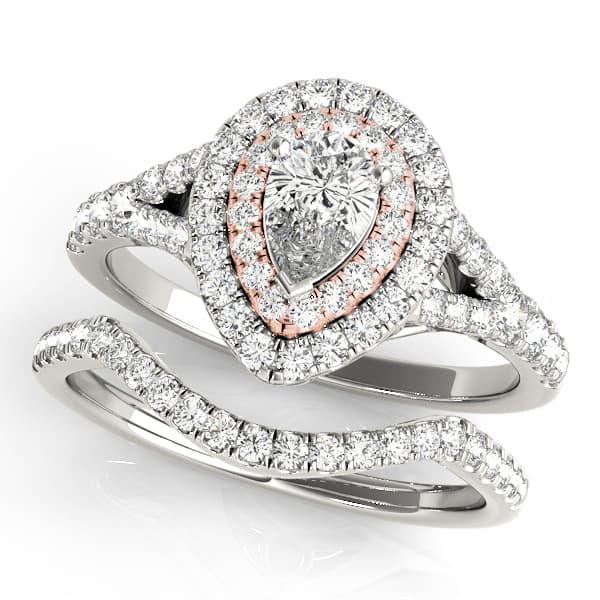Pear Double Halo Split Shank Engagement Ring, style 50950, On hand view in rose gold