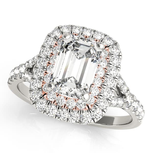 Double Halo Emerald Cut Engagement Ring, style 50951, Front view in rose gold