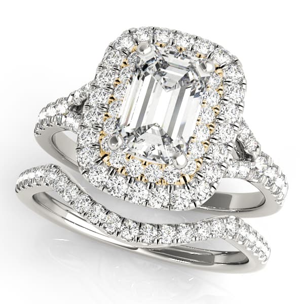 Double Halo Emerald Cut Engagement Ring, style 50951, On hand view in yellow gold