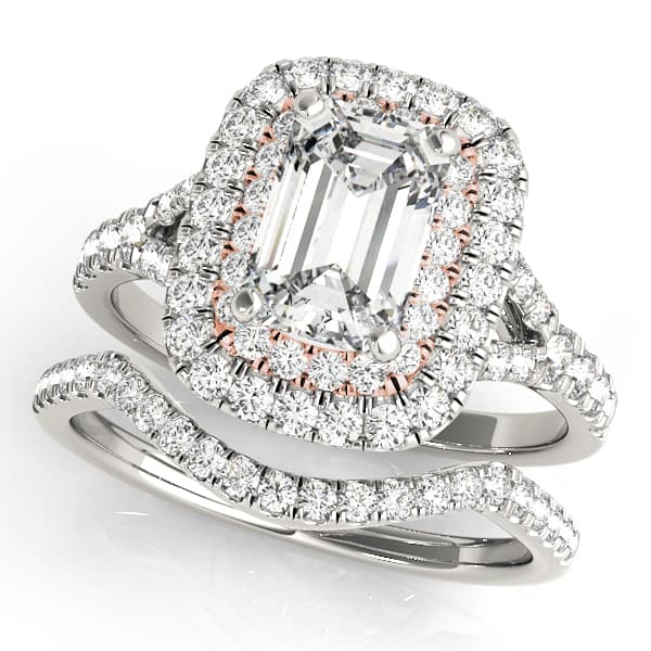 Double Halo Emerald Cut Engagement Ring, style 50951, On hand view in rose gold