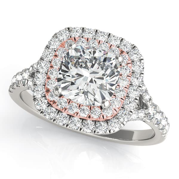 Cushion Cut Split Shank Double Halo Engagement Ring, style 50952, Front view in rose gold