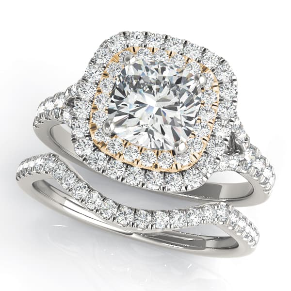 Cushion Cut Split Shank Double Halo Engagement Ring, style 50952, On hand view in yellow gold