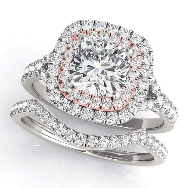Cushion Cut Split Shank Double Halo Engagement Ring, style 50952, On hand view in rose gold