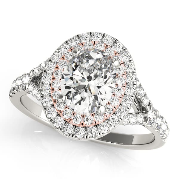 Oval Double Halo Split Shank Engagement Ring, style 50953, Front view in rose gold