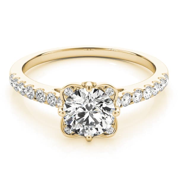 Vintage Floral Shape U-Prong Halo Engagement Ring, style 50957, On hand view in yellow gold