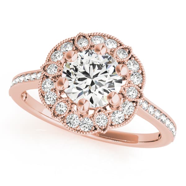 Single Row Halo Floral Milgrain Engagement Ring, style 50959, Front view in rose gold