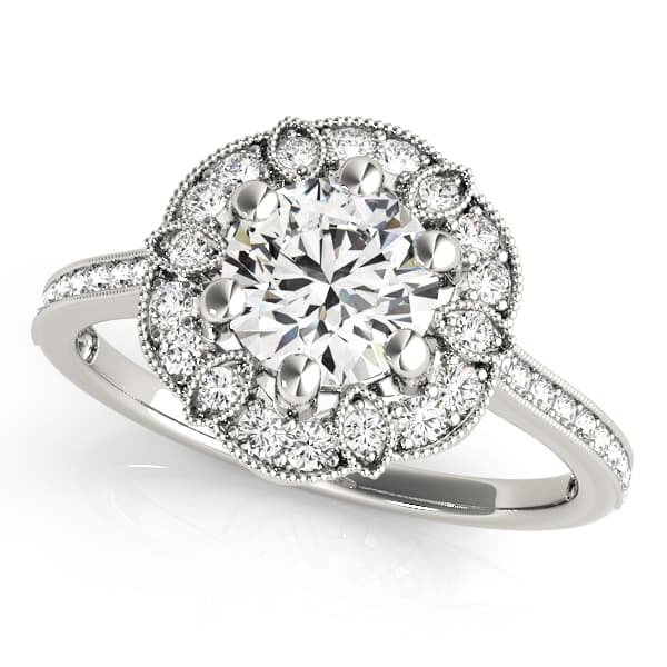 Single Row Halo Floral Milgrain Engagement Rings — style 50959 in 10k White Gold
