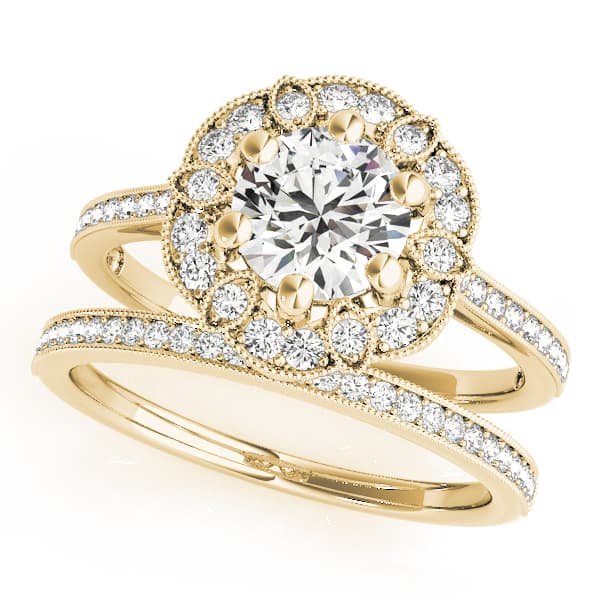 Single Row Halo Floral Milgrain Engagement Ring, style 50959, On hand view in yellow gold