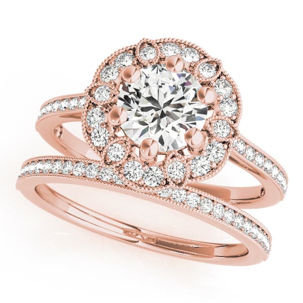 Single Row Halo Floral Milgrain Engagement Ring, style 50959, On hand view in rose gold