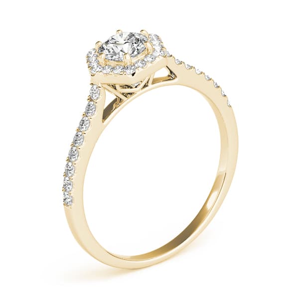 Single Row Cathedral Halo Engagement Ring, style 50960, Angle view in yellow gold