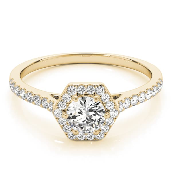 Single Row Cathedral Halo Engagement Ring, style 50960, On hand view in yellow gold