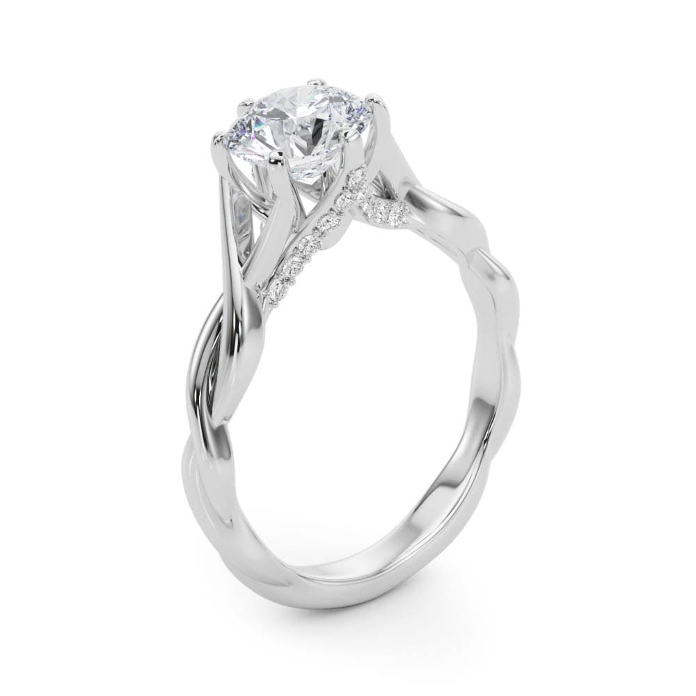 Twisted Shank Hidden Halo Engagement Ring, style 50961, Angle view in white gold or platinum
