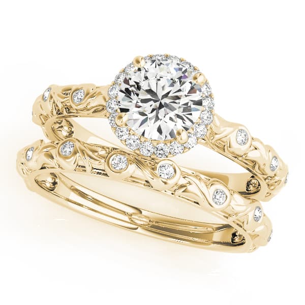 Nature Inspired Filigree Bezel Set Halo Engagement Ring, style 50967, On hand view in yellow gold