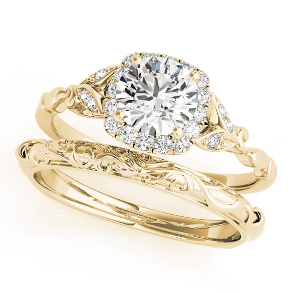 Floral Shape Round Halo Engagement Ring, style 50968, On hand view in yellow gold