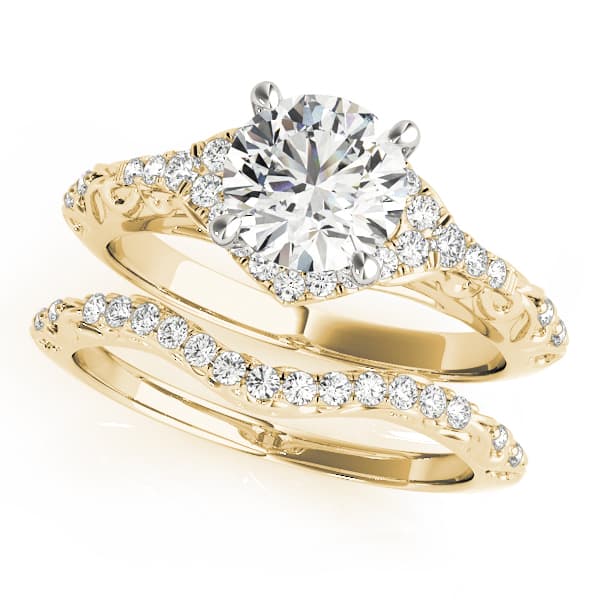 Vintage-Inspired Round Halo Engagement Ring, style 50972, On hand view in yellow gold