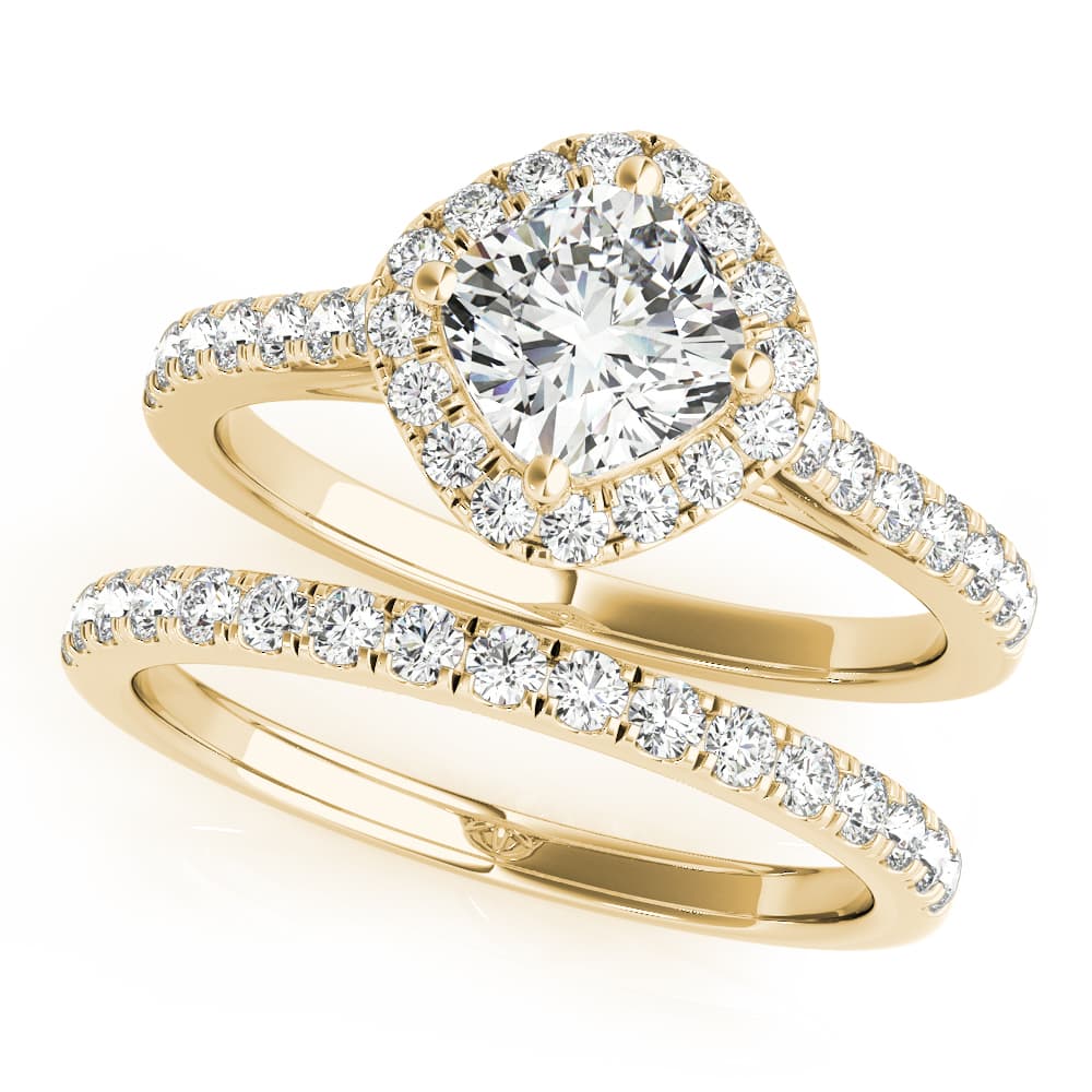 Single Row Accented Halo Engagement Ring, style 50982, On hand view in yellow gold