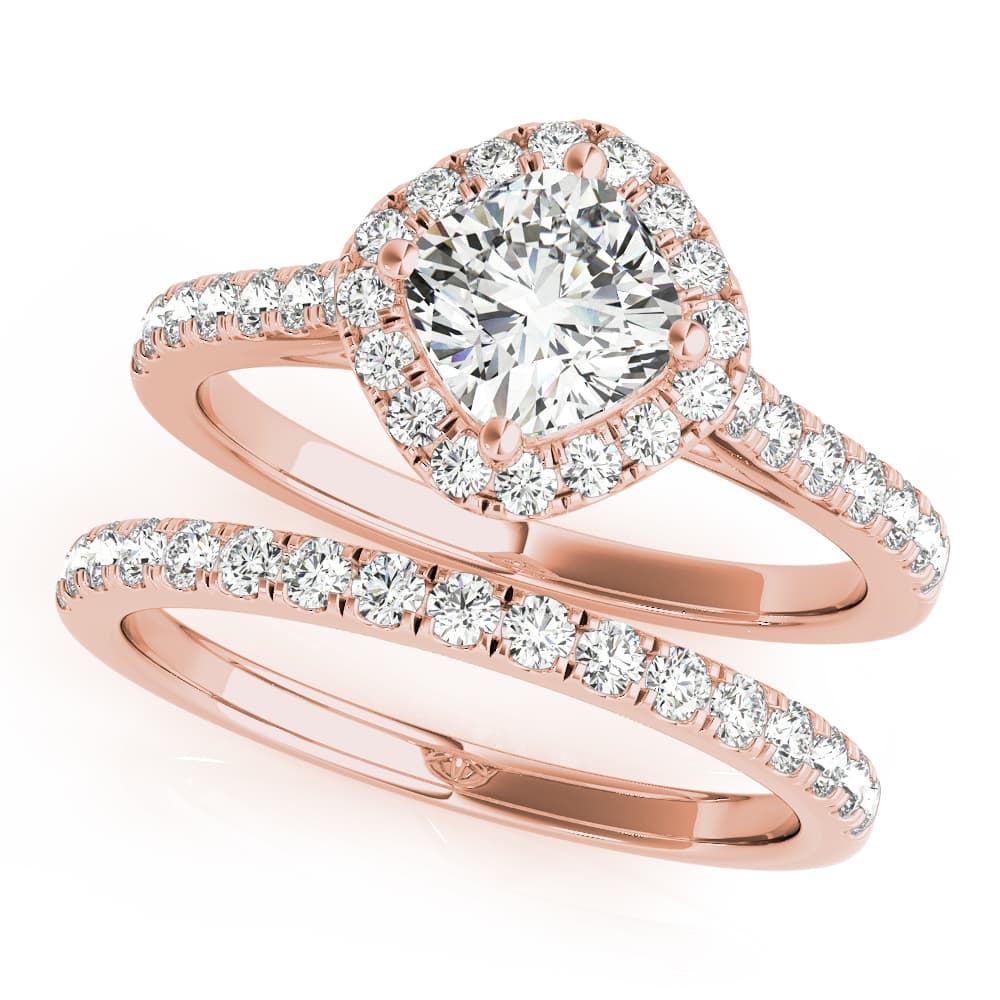 Single Row Accented Halo Engagement Ring, style 50982, On hand view in rose gold