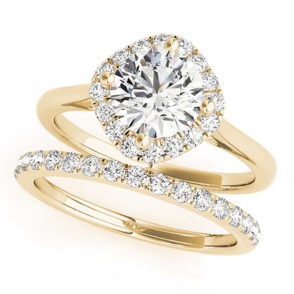 Solitaire Halo Cushion Engagement Ring, style 50983, On hand view in yellow gold