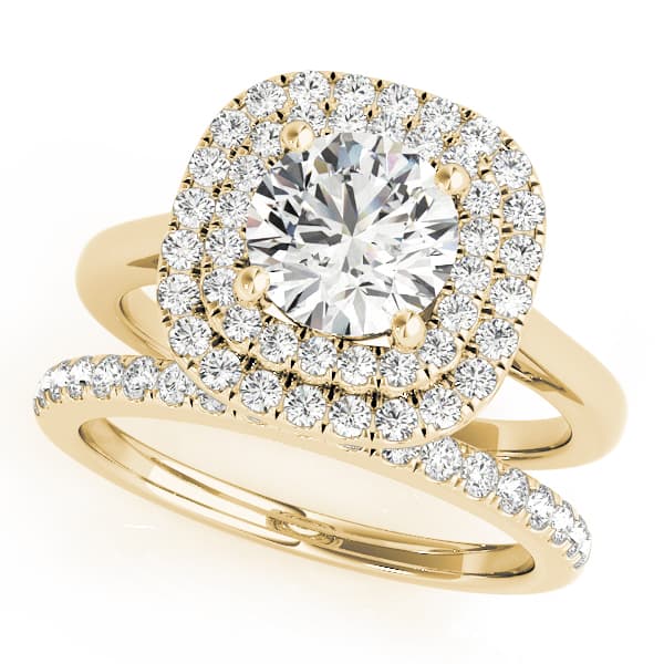 Round Double Halo Engagement Ring, style 50985, On hand view in yellow gold