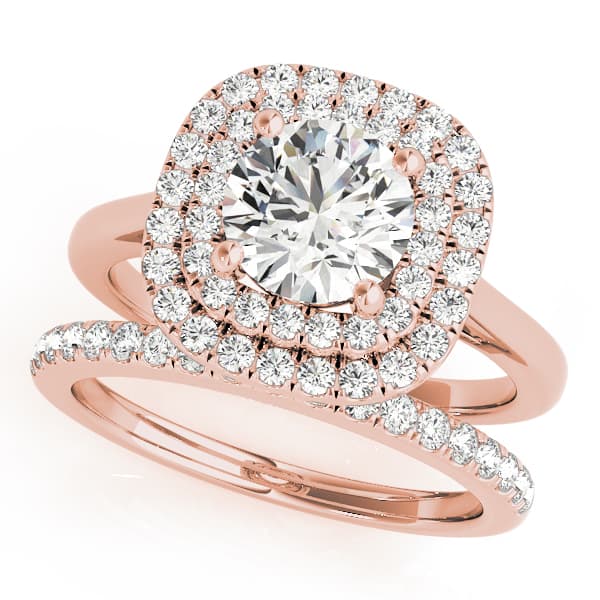 Round Double Halo Engagement Ring, style 50985, On hand view in rose gold