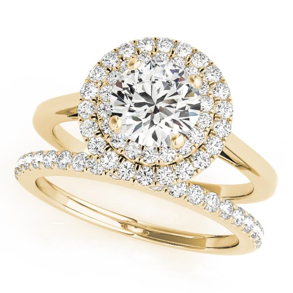 Round Double Halo Engagement Ring, style 50987, On hand view in yellow gold