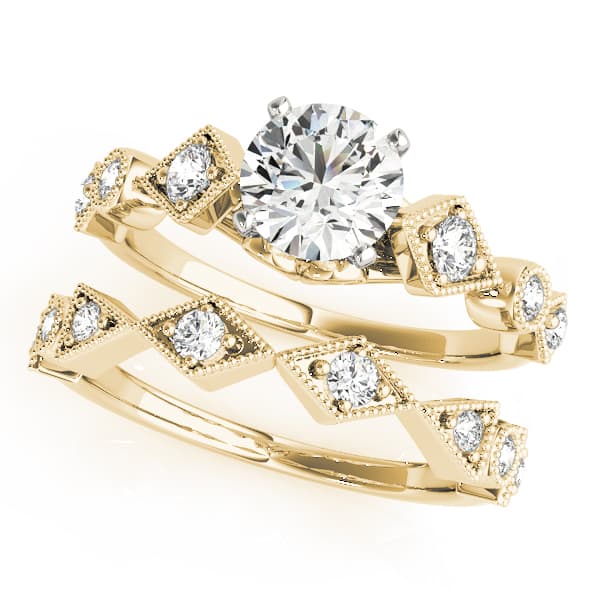 Vintage Milgrain Engagement Ring, style 50988, On hand view in yellow gold