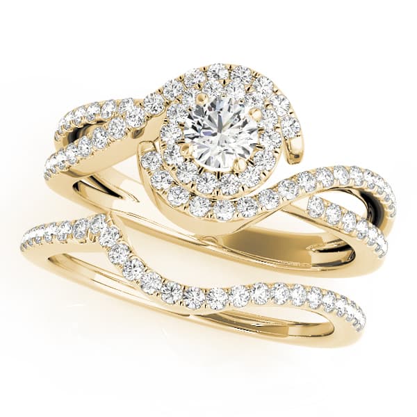 Bypass Twisted Shank Halo Engagement Ring, style 50989, On hand view in yellow gold