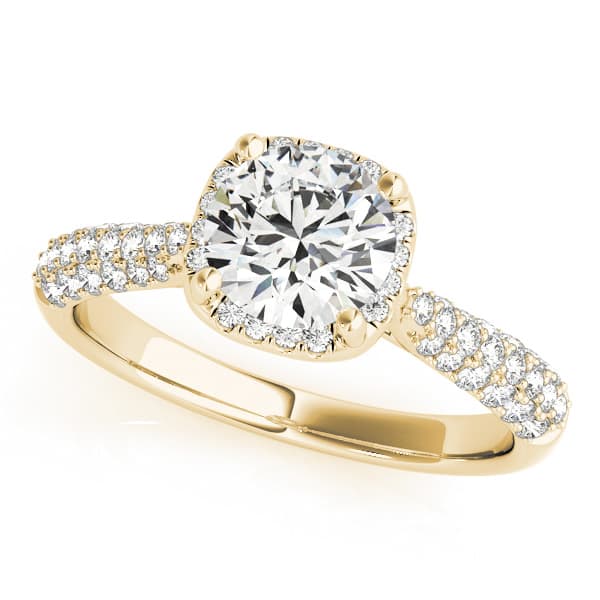 Round Halo Pavé Engagement Ring, style 51009, Front view in yellow gold