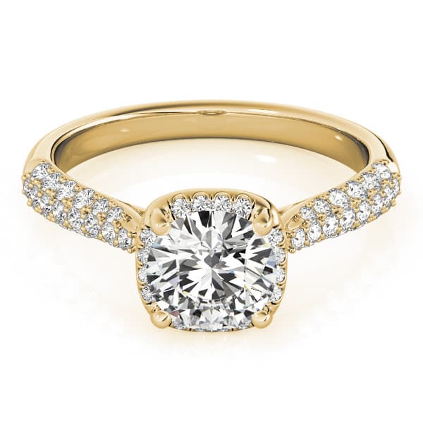 Round Halo Pavé Engagement Ring, style 51009, On hand view in yellow gold