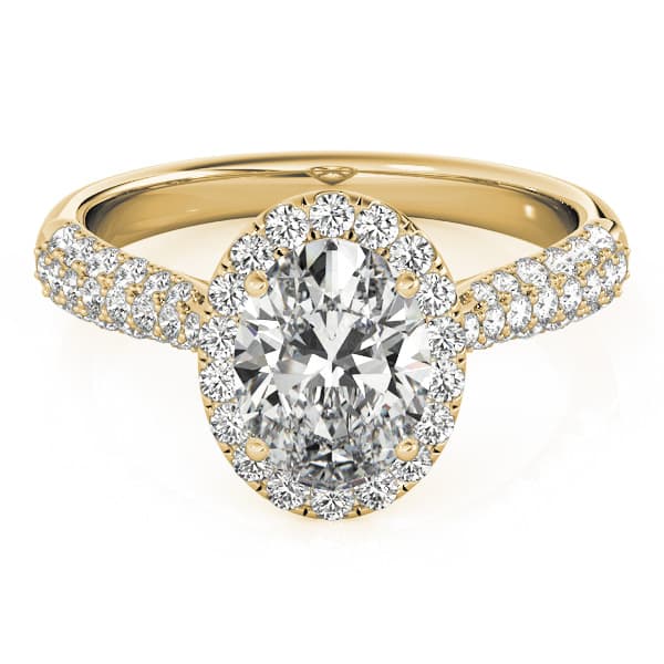 Multi-Row Pavé Halo Oval Engagement Ring, style 51011, On hand view in yellow gold