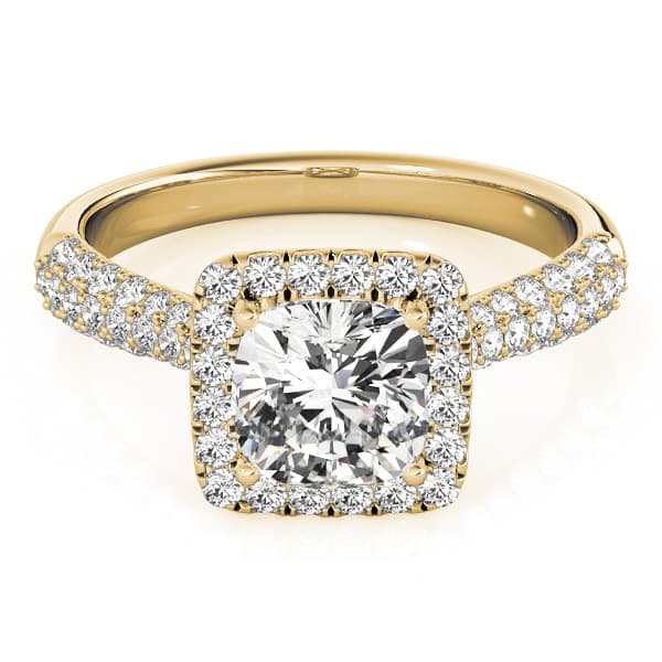 Multi-Row Pavé Cushion Halo Engagement Ring, style 51013, On hand view in yellow gold