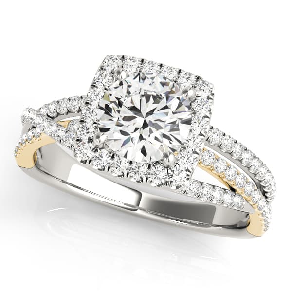 Multi-Row Twisted Shank Cushion Halo Engagement Ring, style 51017, Front view in yellow gold