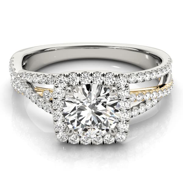 Multi-Row Twisted Shank Cushion Halo Engagement Ring, style 51017, On hand view in yellow gold