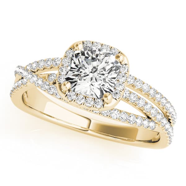 Multi-Row Twisted Shank Cushion Halo Engagement Ring, style 51021, Front view in yellow gold