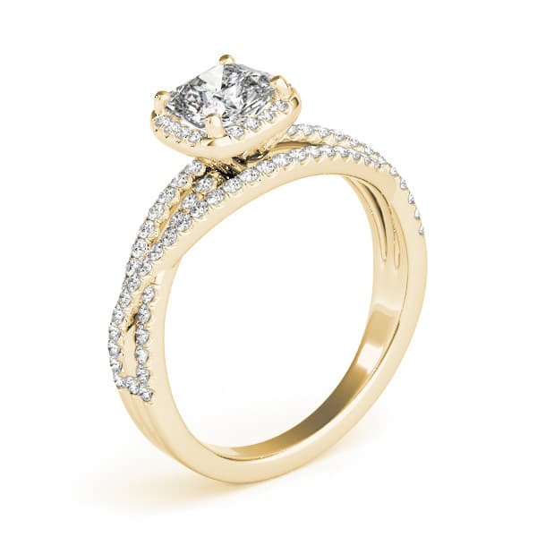Multi-Row Twisted Shank Cushion Halo Engagement Ring, style 51021, Angle view in yellow gold