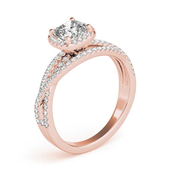 Multi-Row Twisted Shank Cushion Halo Engagement Ring, style 51021, Angle view in rose gold
