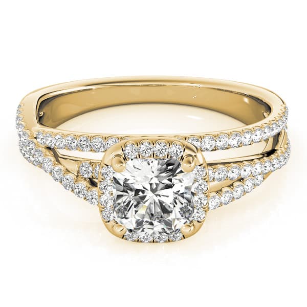 Multi-Row Twisted Shank Cushion Halo Engagement Ring, style 51021, On hand view in yellow gold