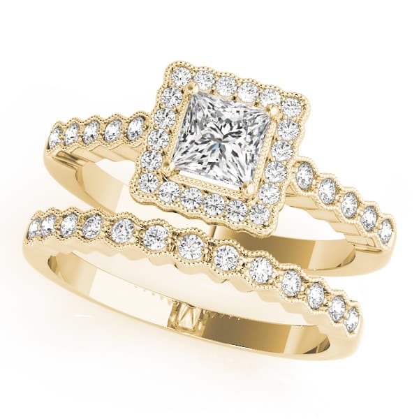 Antique Style Halo Milgrain Engagement Ring, style 51024, On hand view in yellow gold