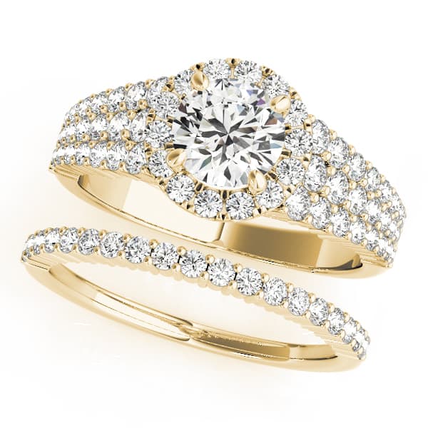 Multi-Row Pavé Round Halo Engagement Ring, style 51025, On hand view in yellow gold
