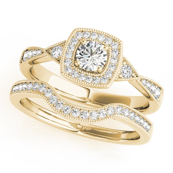 Antique Style Halo Milgrain Engagement Ring, style 51027, On hand view in yellow gold